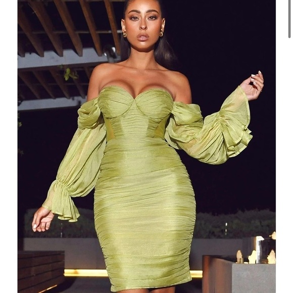 Miss Circle,Couture Clothier,Siren Olive, Silk Mesh,Lantern Sleeve Draping Dress - Picture 1 of 13